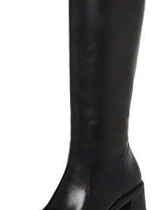 SOVANYOU Black Leather Boots Platform Boots for Women Square Toe Chunky Block Heeled Boots