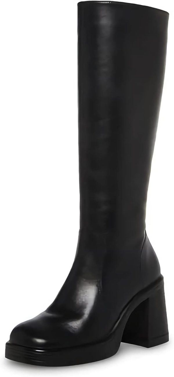 SOVANYOU Black Leather Boots Platform Boots for Women Square Toe Chunky Block Heeled Boots - Image 9